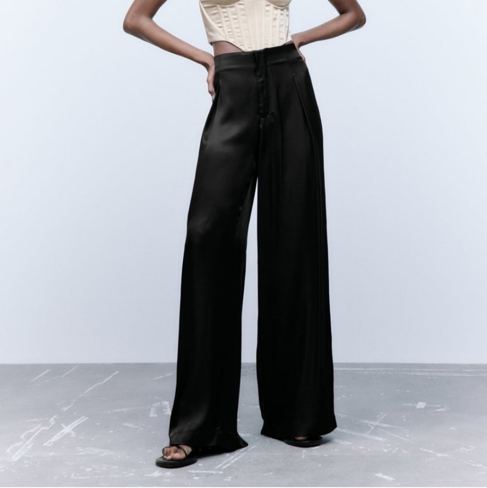 NWT ZARA * SATIN EFFECT FULL LENGTH WIDE DART PANTS - Picture 2 of 6